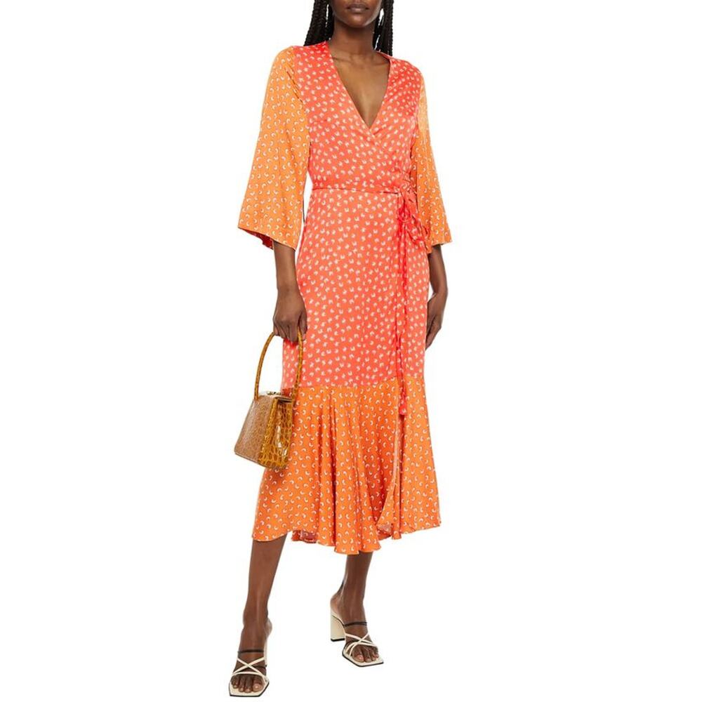 NEW* Rodebjer Millie Paneled Satin Midi Wrap Dress in Size XS Orange $395